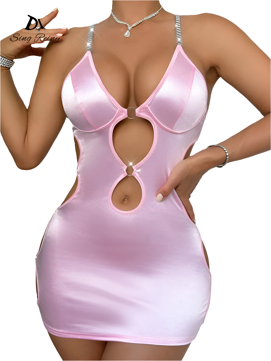 Rhinestone Spaghetti Strap Hollow-Out Sleeveless Backless Bodycon Club Mini Dress