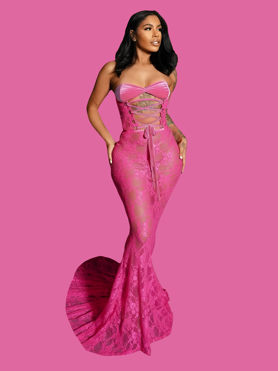 Fishtail Mesh Lace Patchwork Strapless Shirring Hollow-Out Bodycon Maxi Formal Party/Prom Trumpet Mermaid Dress