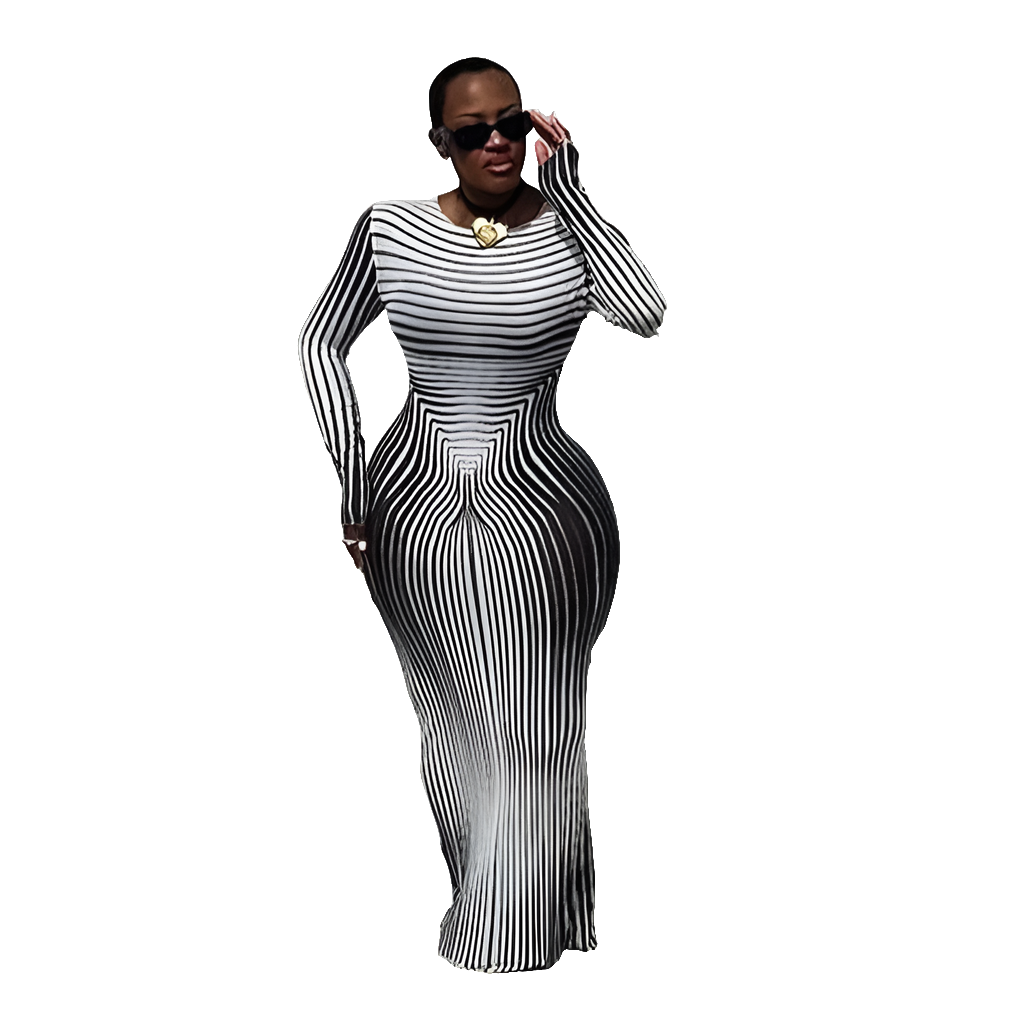 Black/White Striped 3D Printed Bodycon Maxi Dress