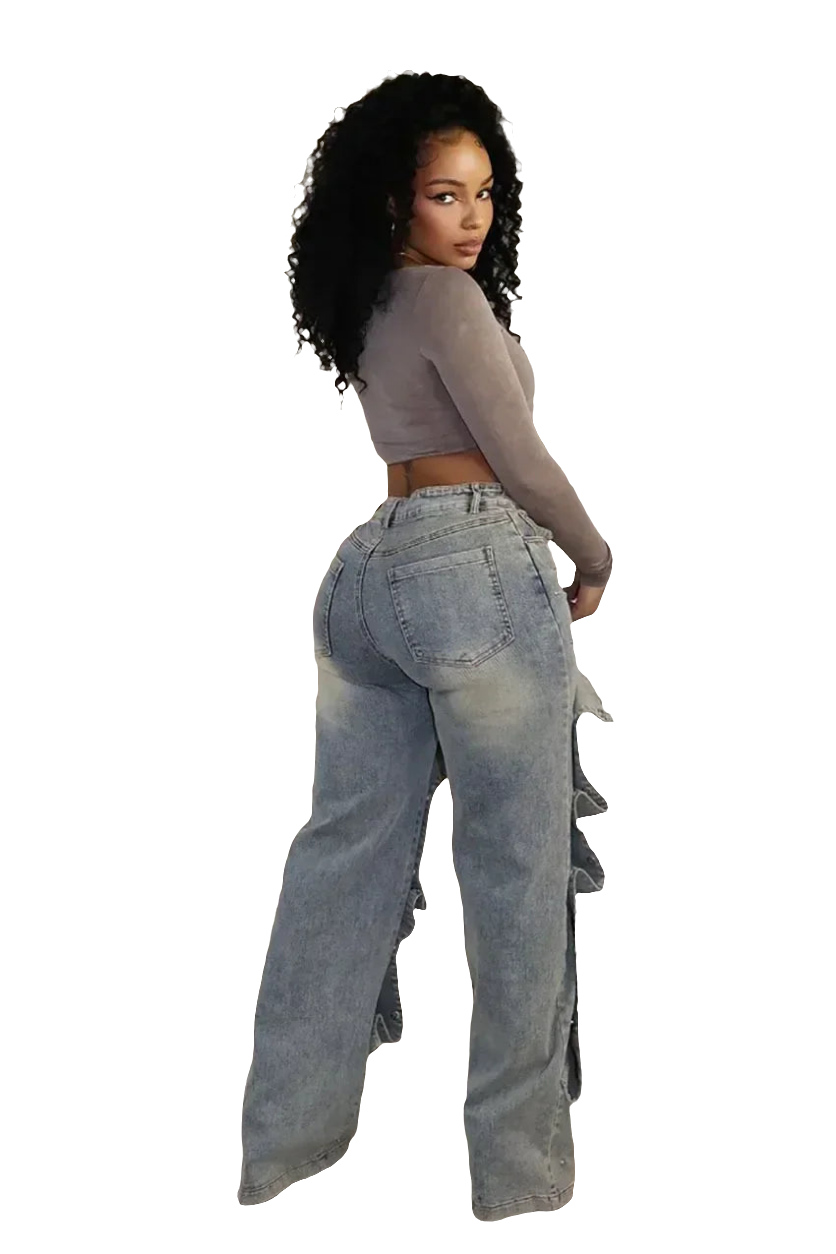 Denim Washed Faded Streetwear Multi-Pocket Button Design Women's Cut-Out Straight Wide Leg Cargo Jeans