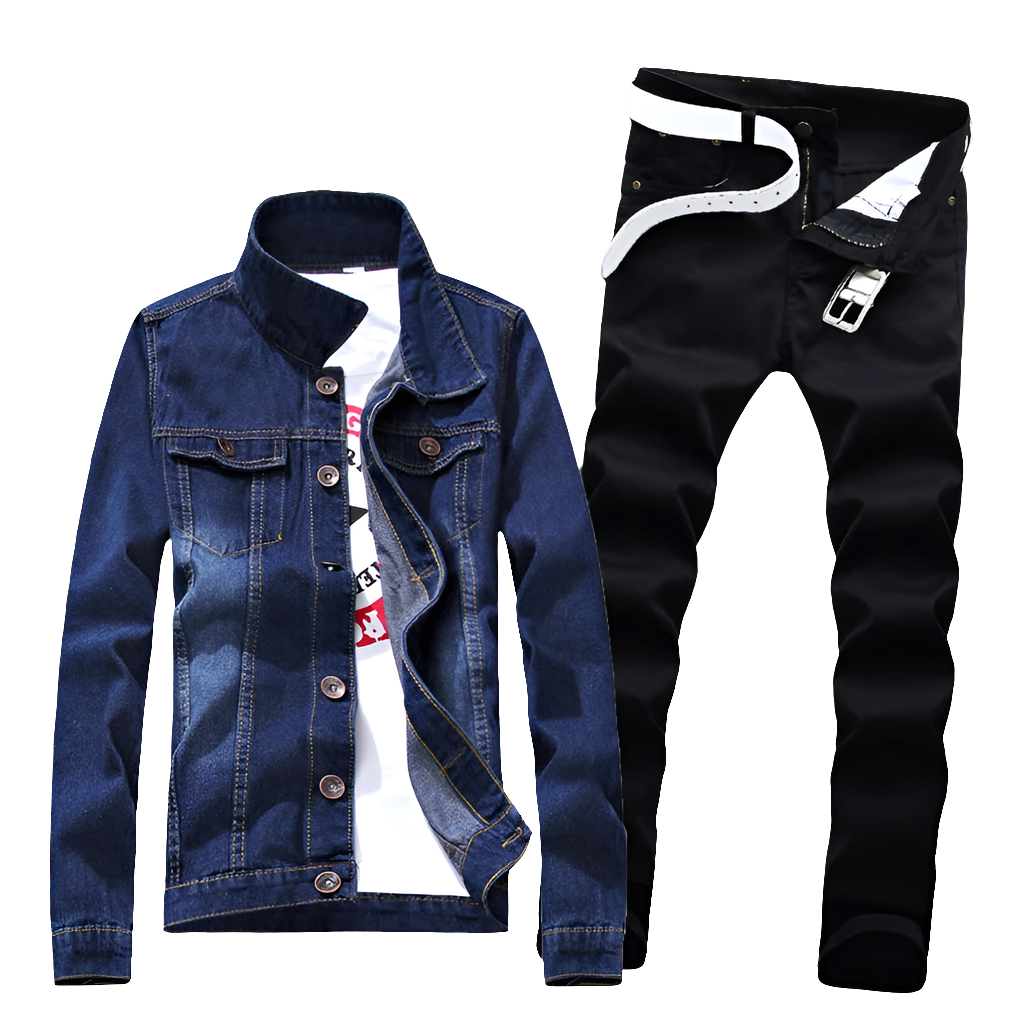 Men's Denim Slim Fit Long Sleeve Jean Jacket + Ruched Skinny Jeans 2-Piece Set