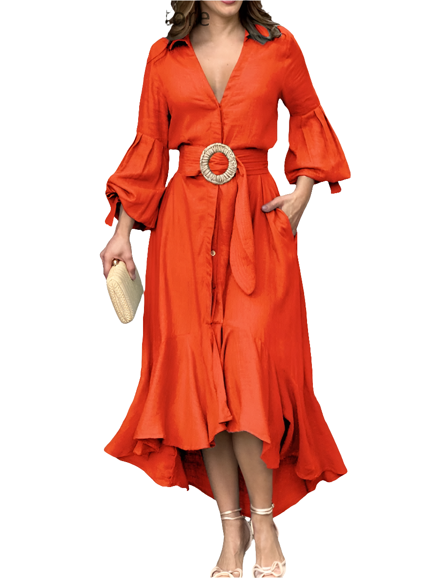 Ruffled Hem Lantern Long Sleeve Pocketed Design Belted Maxi Dress