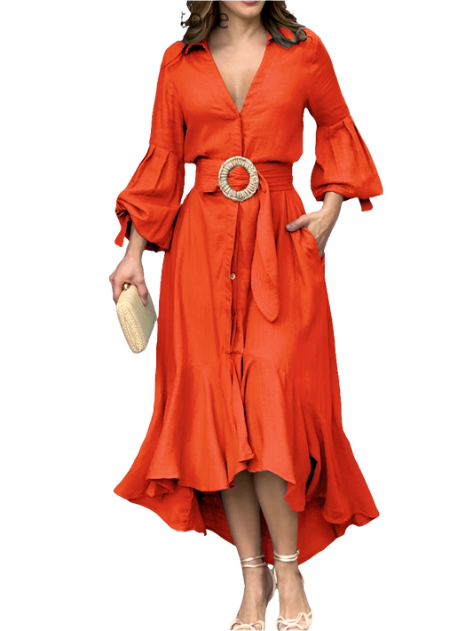 Ruffled Hem Lantern Long Sleeve Pocketed Design Belted Maxi Dress