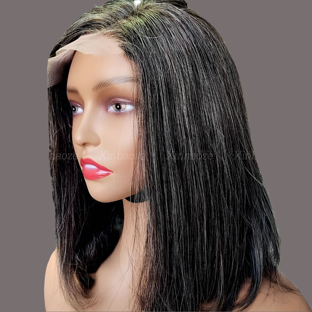 Grey/Black Salt-n-Pepper Bob Highlight Kinky Curly Short Human Hair Gray 13x4 Lace Frontal Glueless Wig