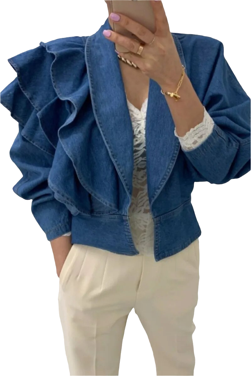 Denim Layered Ruffled Cropped Irregular Women's Turn-Down Collar Puff Sleeve Jean Blazer