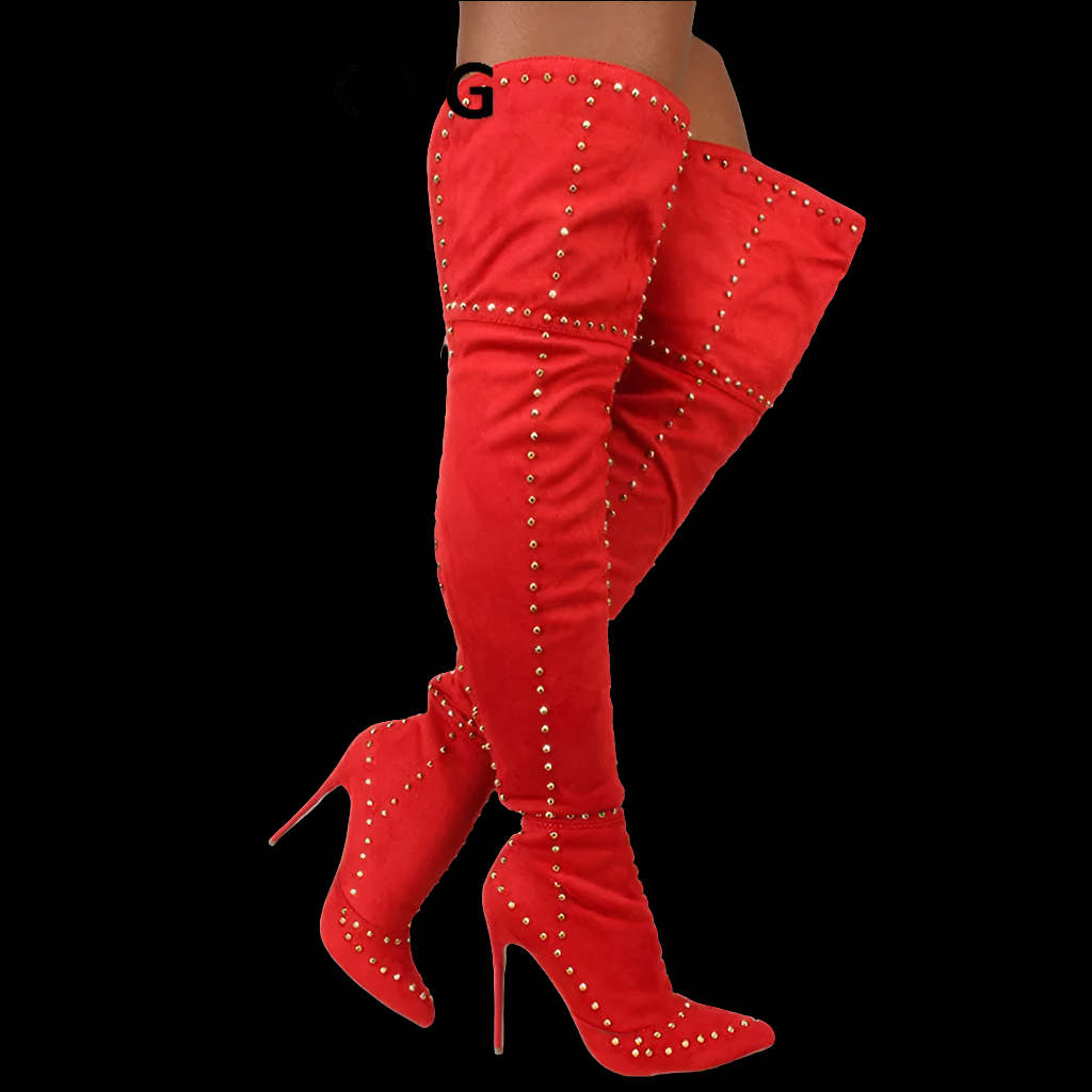 Red Metal Stud Rivet Embellished Over-the-Knee Thigh High Stiletto Heel Boots