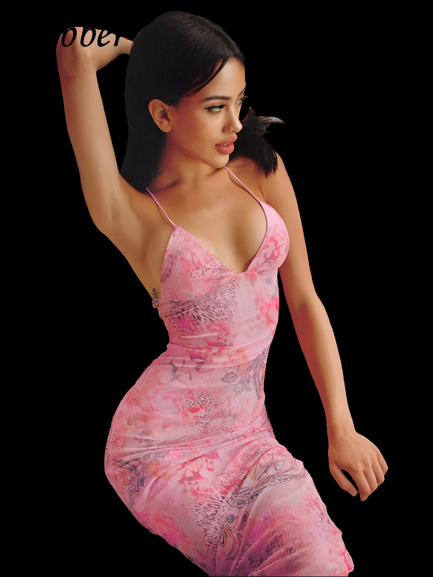 Pink Sleeveless Butterfly Back Strap Design Halter Bandage Backless V-Neck Maxi Dress