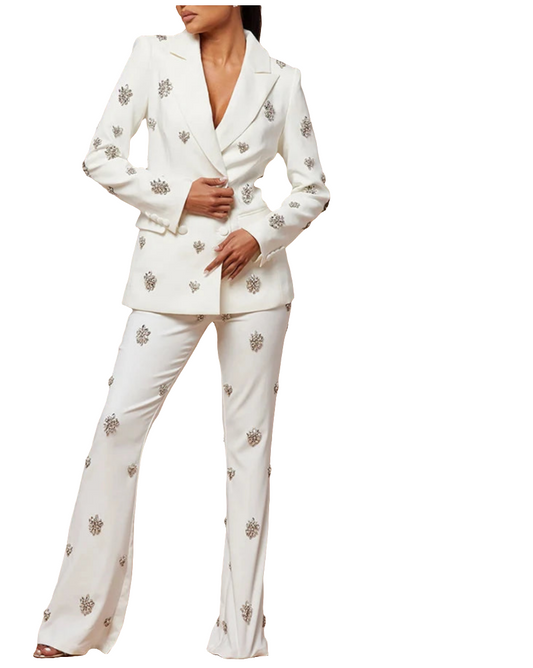 Patchwork Diamond Notched Collar Long Sleeve Blazer + High Waist Flared Pants Women's Formal Suit