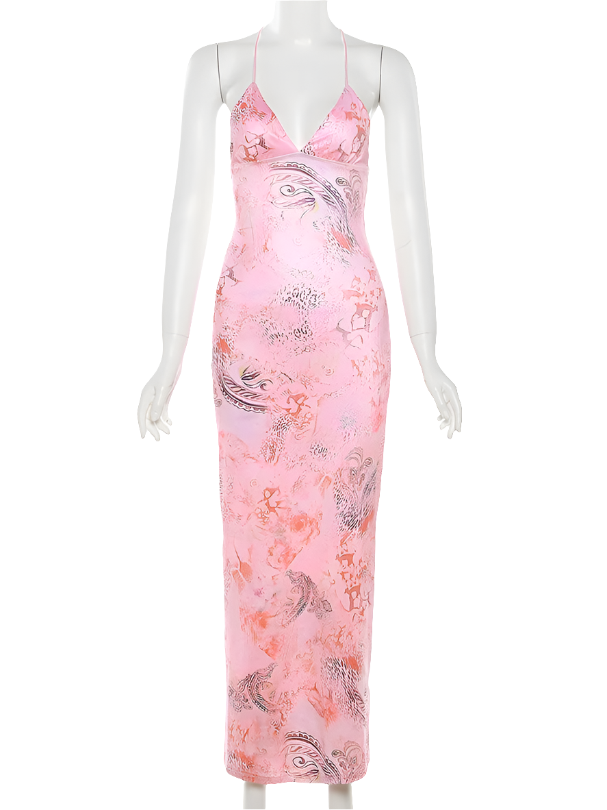 Pink Sleeveless Butterfly Back Strap Design Halter Bandage Backless V-Neck Maxi Dress
