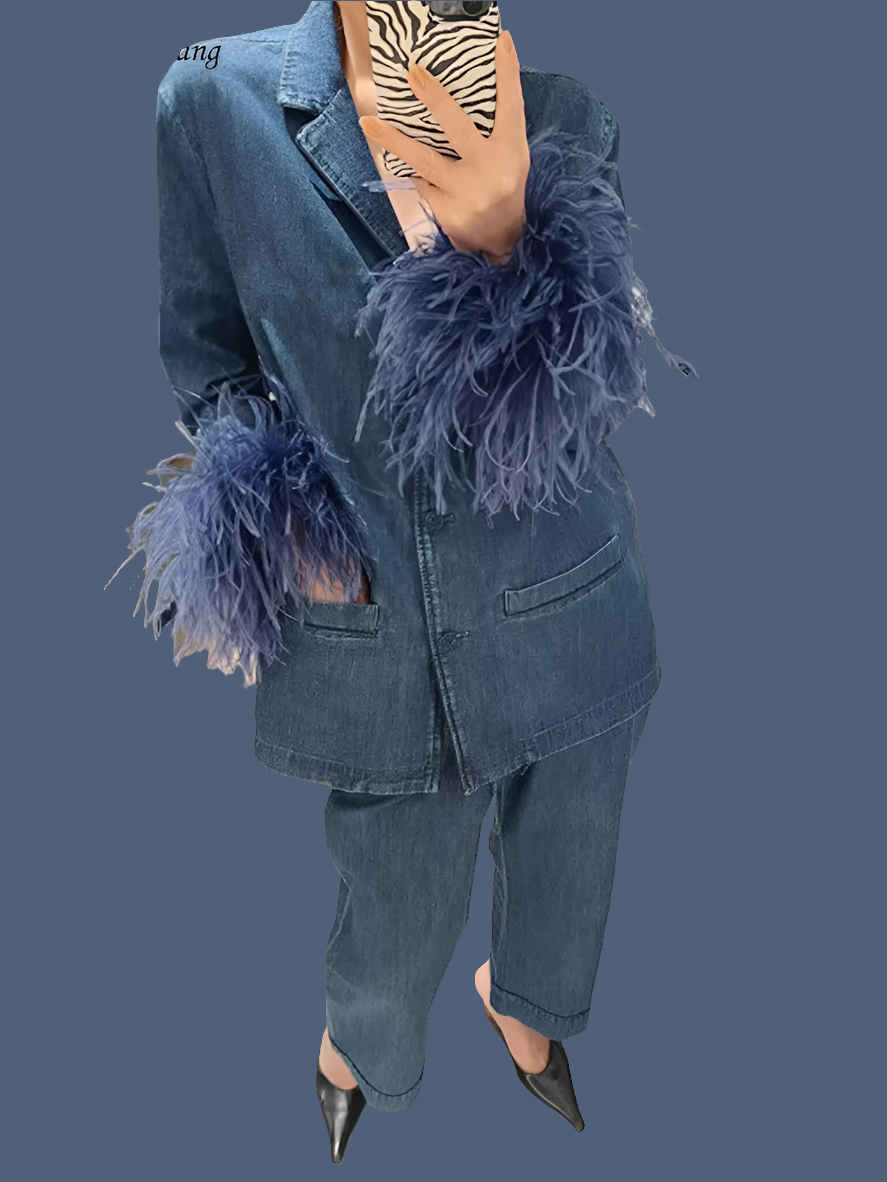 Blue Denim Streetwear Ostrich Feather Cuff Women's Jean Jacket Blazer