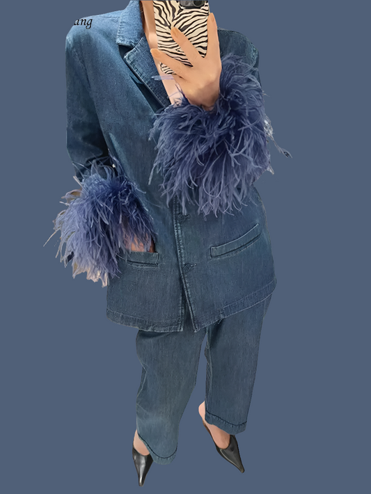 Blue Denim Streetwear Ostrich Feather Cuff Women's Jean Jacket Blazer