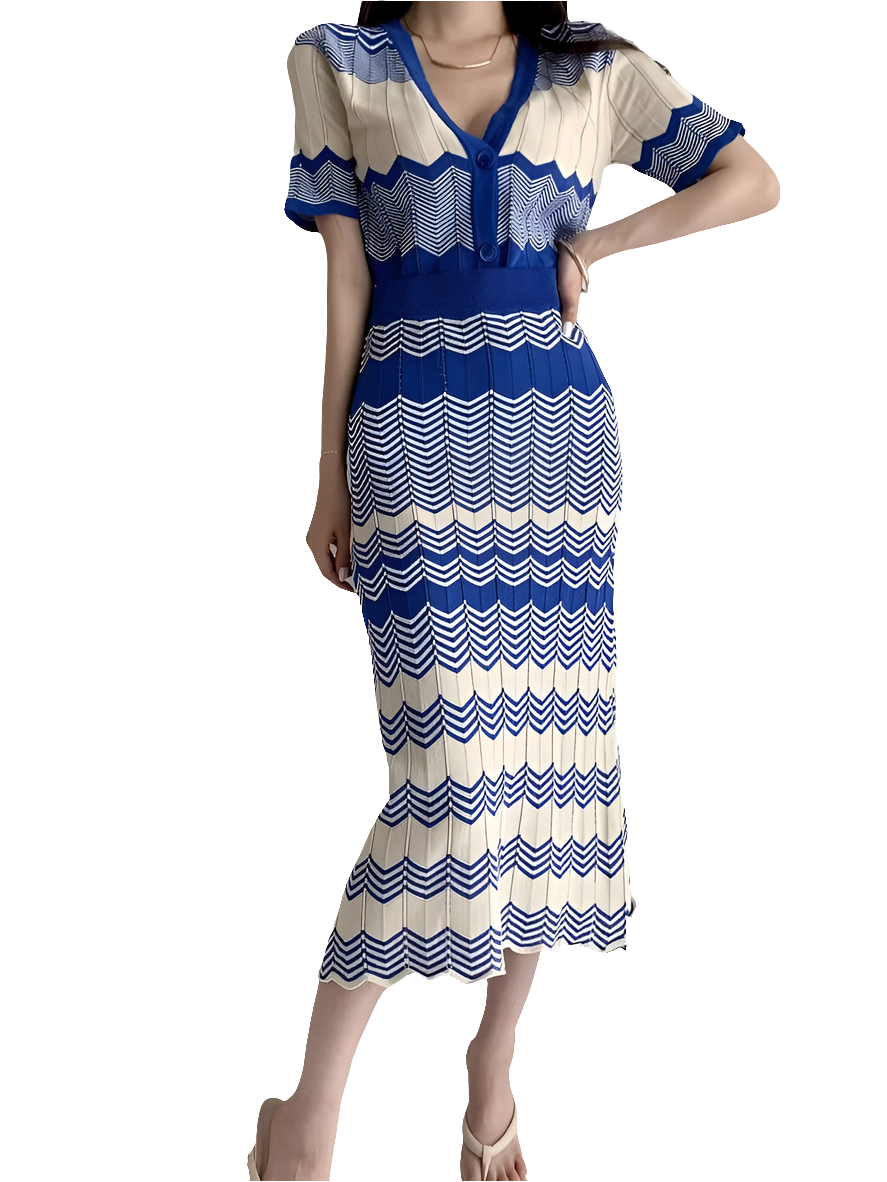 Striped Geometric Colorblock V-Neck Short Sleeve Knitted Cardigan Sweater + Pleated Mermaid Maxi Skirt 2-Piece Set