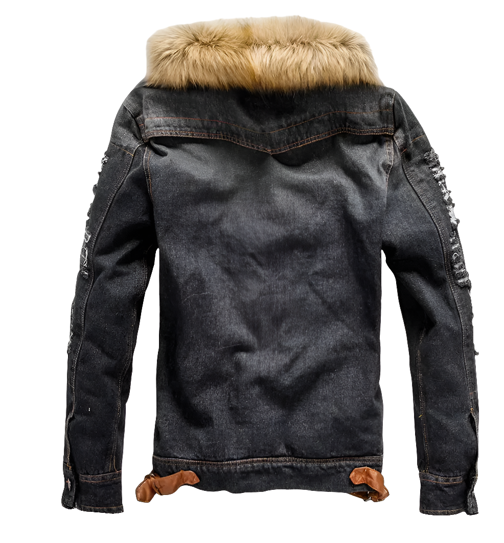 Men's Denim Faux Fur Collar  Fleece-Lined Fitted Jean Jacket