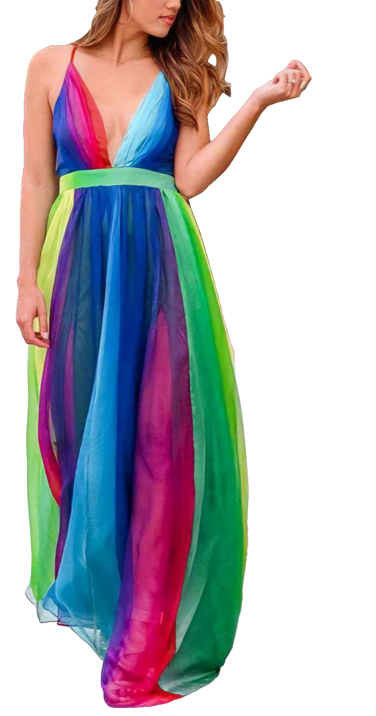 Chiffon Rainbow Colorblock Striped Mesh Spaghetti Strap V-Neck Maxi Dress