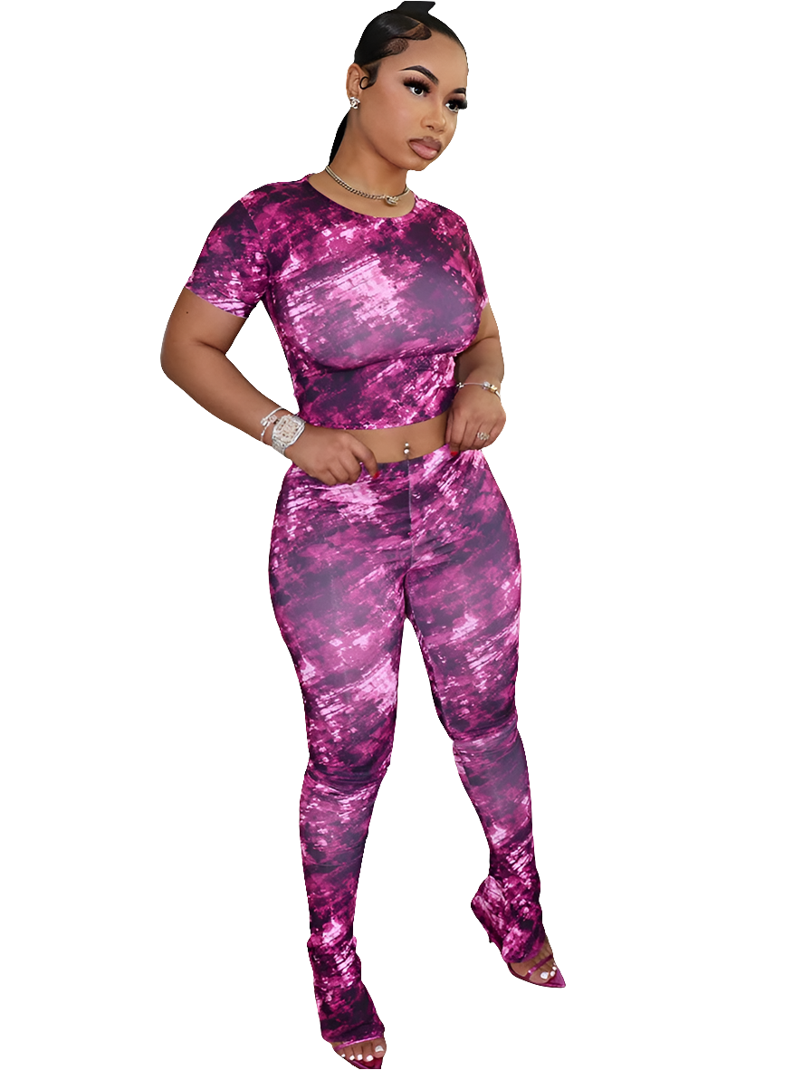 Purple Tie-Dye Print Short Sleeve O-Neck Bandage Crop Top + Skin Tight Leggings 2-Piece Set