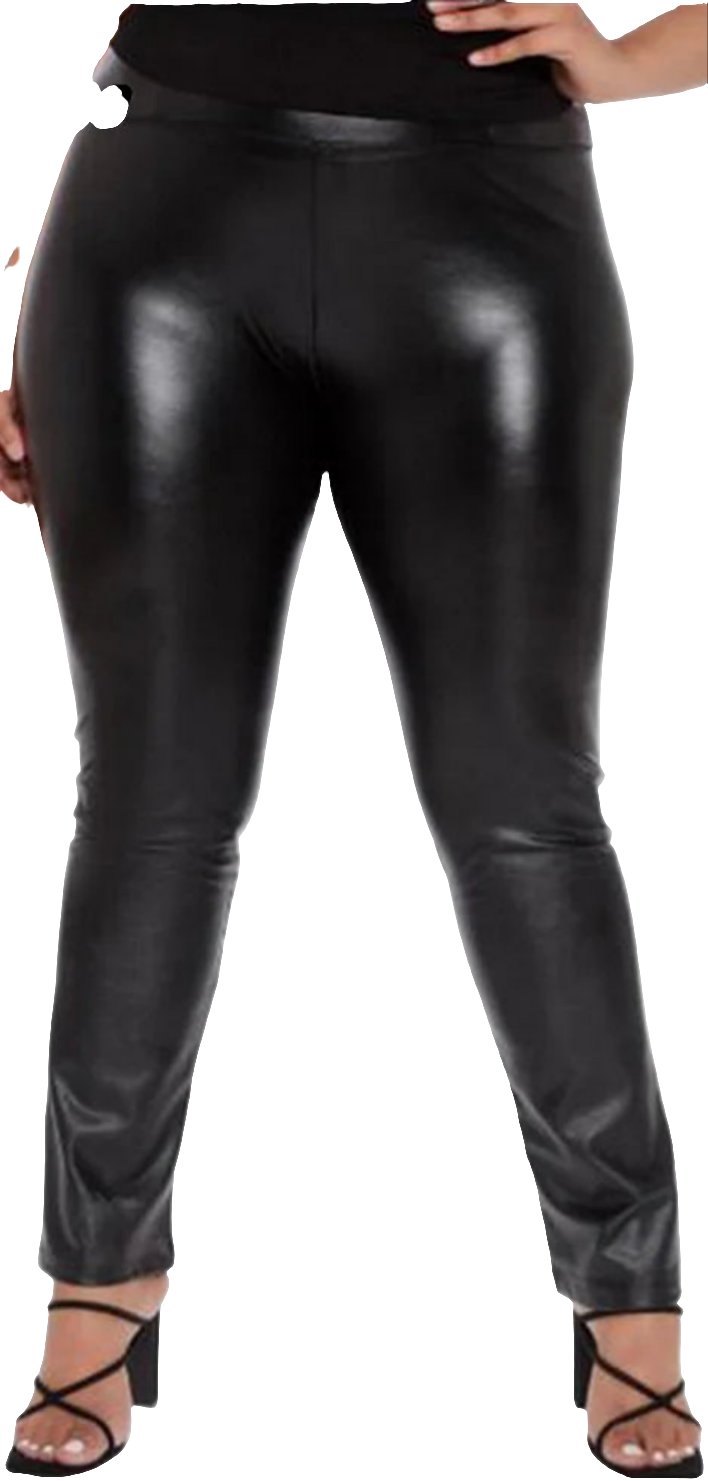 Black Faux Leather Plus Size Solid Color Women's High Waist Pants to 5X