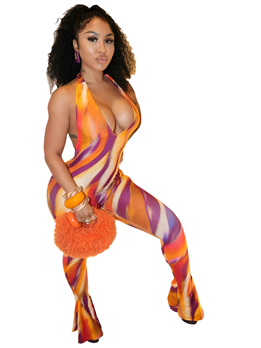 Geometric Swirl Print Panelled Women's Halter Bandage Backless Sleeveless Jumpsuit