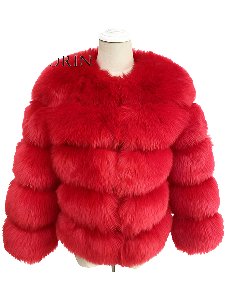 Vintage Solid Faux Mink Fur Ribbed O-Neck Patchwork Women's Jacket to 3X Plus Size