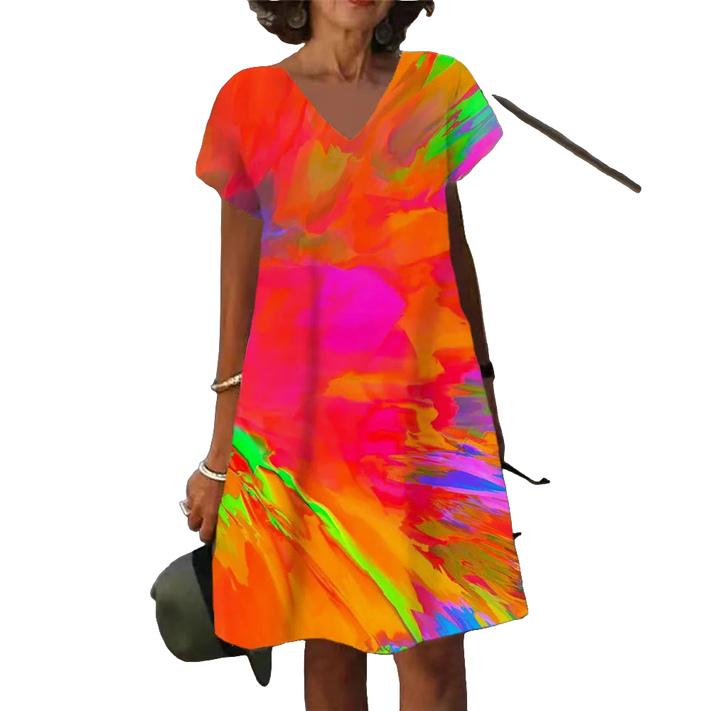 Abstract V-Neck Tie-Dye Rainbow Gradient Colorblock Splash Ink Paint Print A-Line Midi Dress to 6X