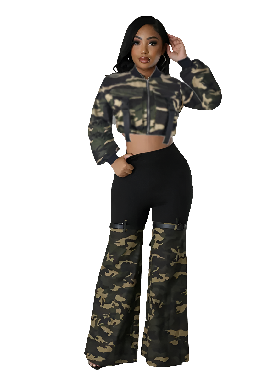 Camouflage Long Sleeve Ladies Cropped Zipper Bomber Cargo Jacket + Colorblock Flared Leggings 2-Piece Set to 3x Plus Size