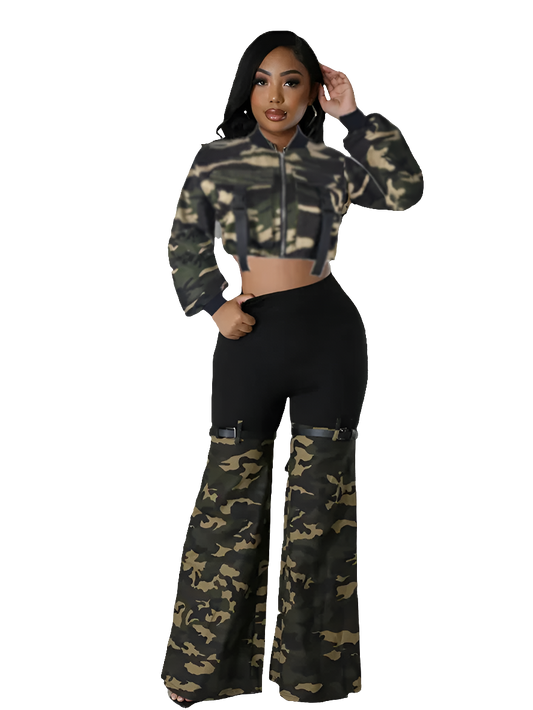 Camouflage Long Sleeve Women's Cropped Zipper Bomber Cargo Jacket + Colorblock Flared Leggings 2-Piece Set to 3x Plus Size