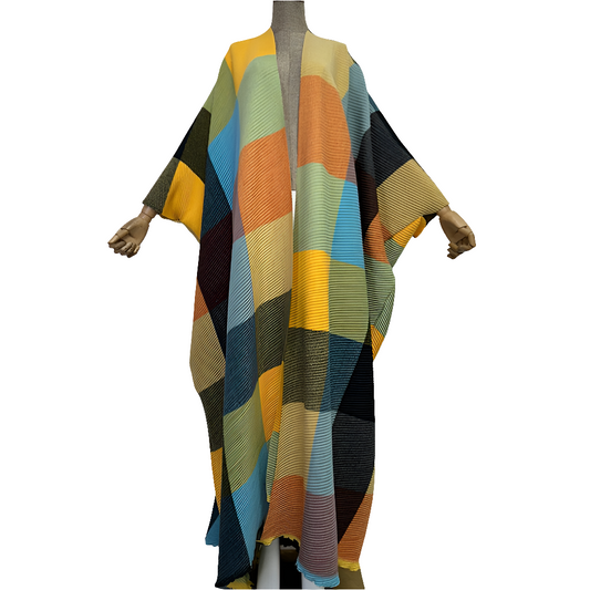 Oversized Plaid/ Colorblock Print Cotton Pleated Kimono Cardigan Kaftan Sweater Dress