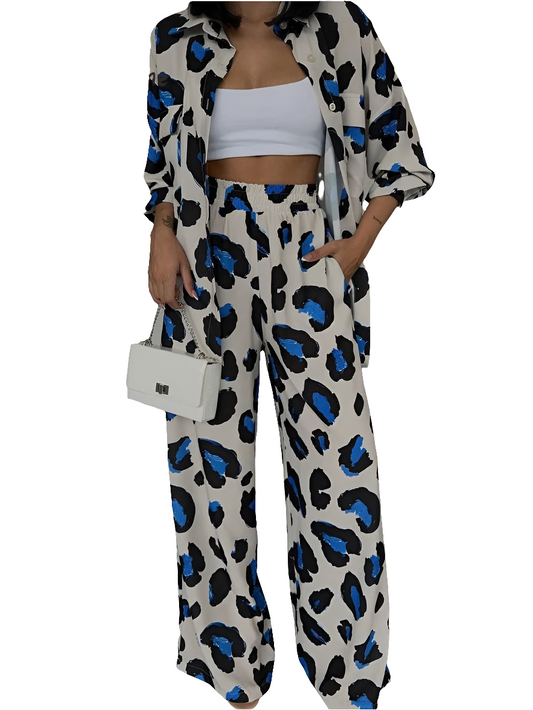 Leopard Print Long Sleeve Turn-Down Collar Blouse + Wide Leg Pocketed Pants Two-Piece Sets