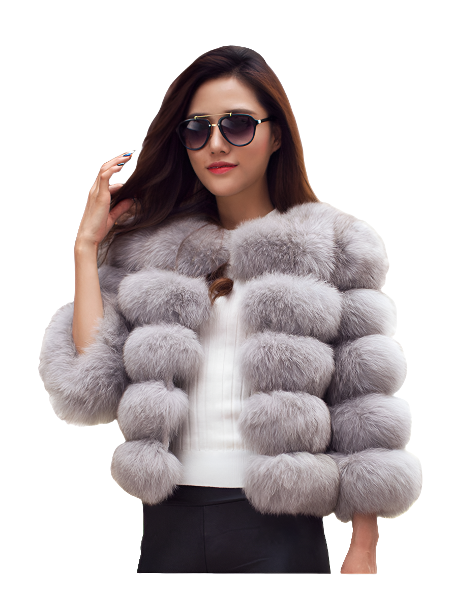 Vintage Solid Faux Mink Fur Ribbed O-Neck Patchwork Women's Jacket to 3X Plus Size