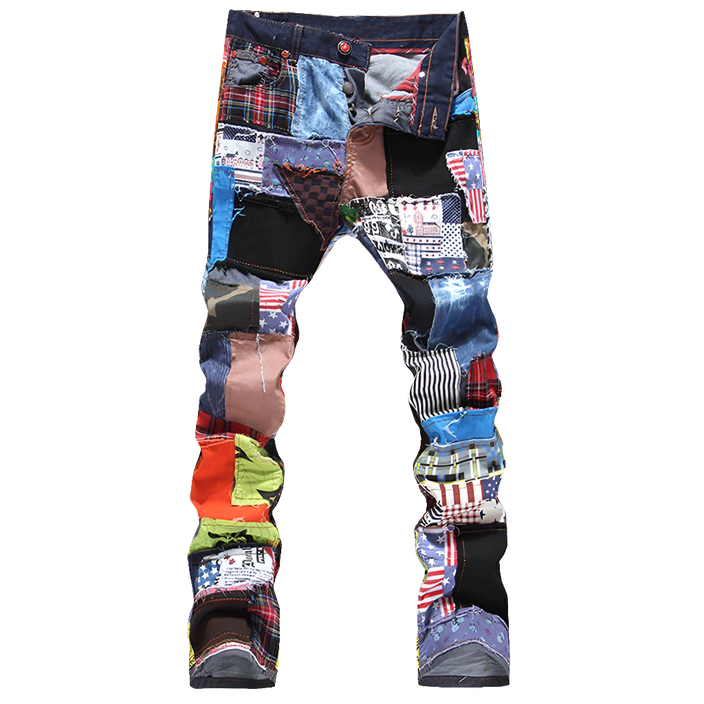 Men's Patchwork Spliced Ripped Denim Colored Patch Button-Fly Jeans