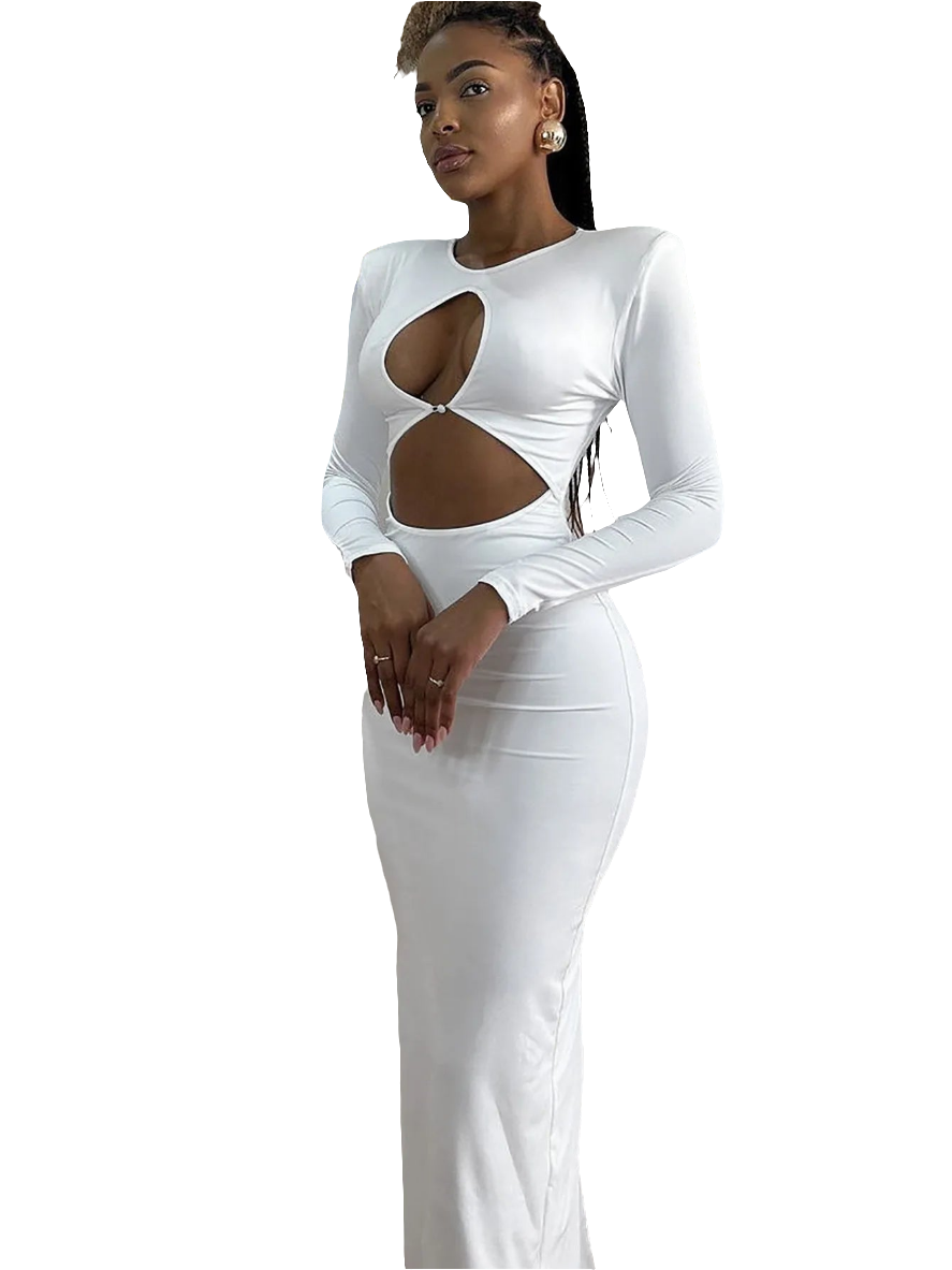 Solid Long Sleeve O-Neck Hollow-Out Bodycon Maxi Party Dress