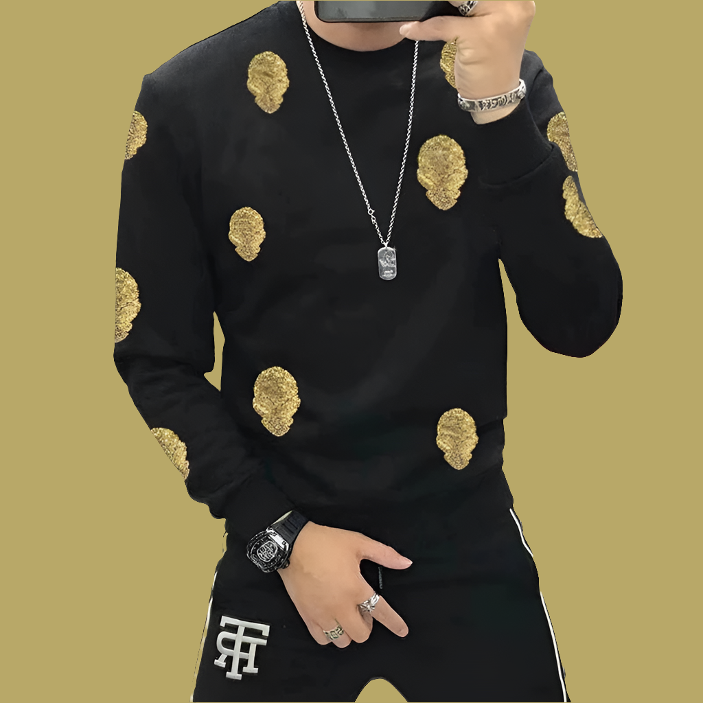 Men's Rhinestone Skull Print Pullover Long Sleeve Round Neck Fleece Sweatshirt