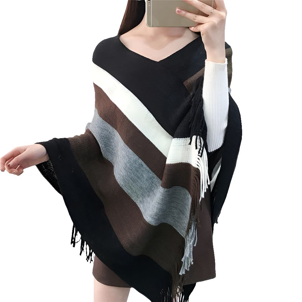 Striped Plaid Blanket Knit Wrap Cashmere Poncho Shawl