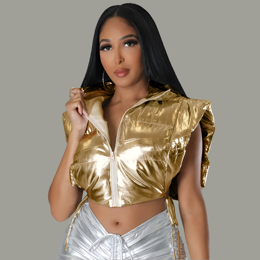 Shiny Women's Bandage Side Slit Sleeveless Cropped Zipper Puffer Hoodie Vest