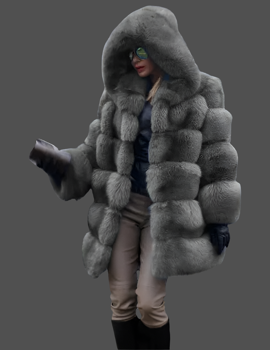 Hooded Ribbed Women's Solid Color Winter Faux Fur Genuine Leather Coat