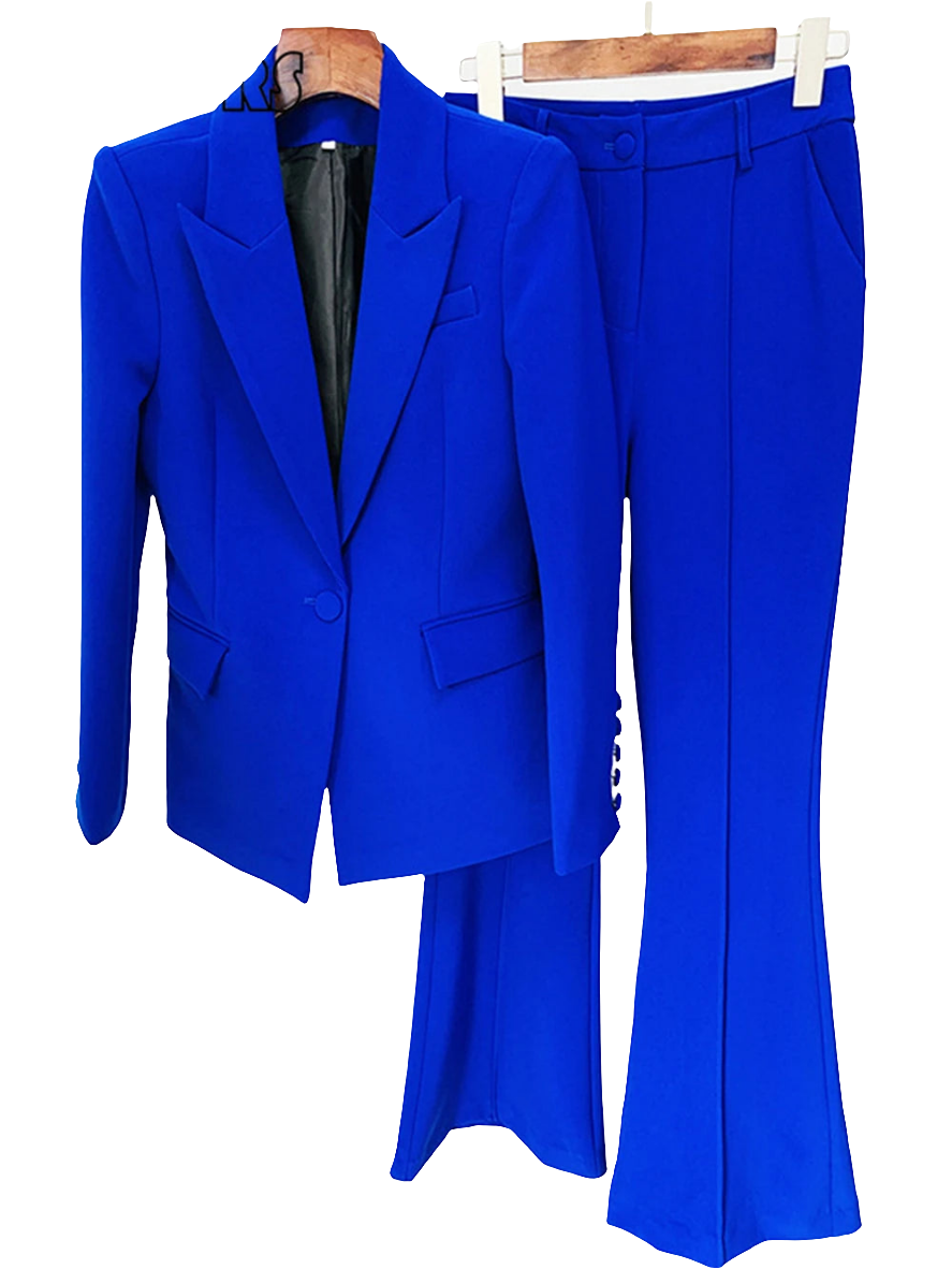 Gradient Colorblock Skinny Notched Women's Single Button Blazer Jacket + Flared Leg Pants Formal Suit