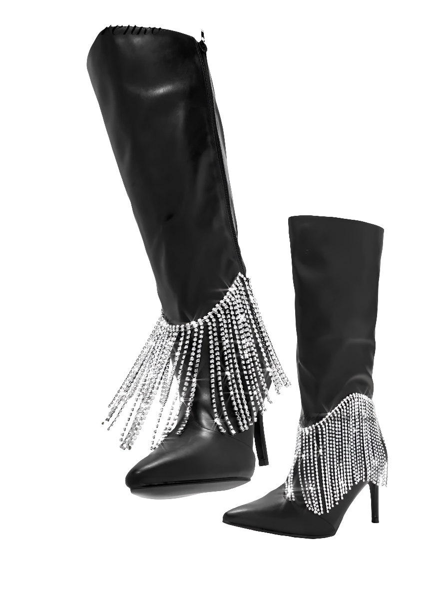 Embellished Denim Fringe Tassel Glitter Design Pointed Toe Crystal Midi Boots