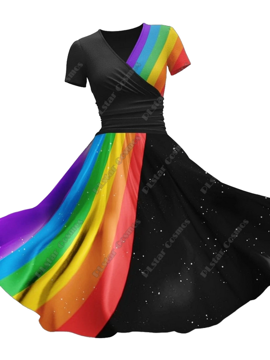 Rainbow Gradient Colorblock/Floral 3D Printed V-Neck Short Sleeve Flared Midi Dress