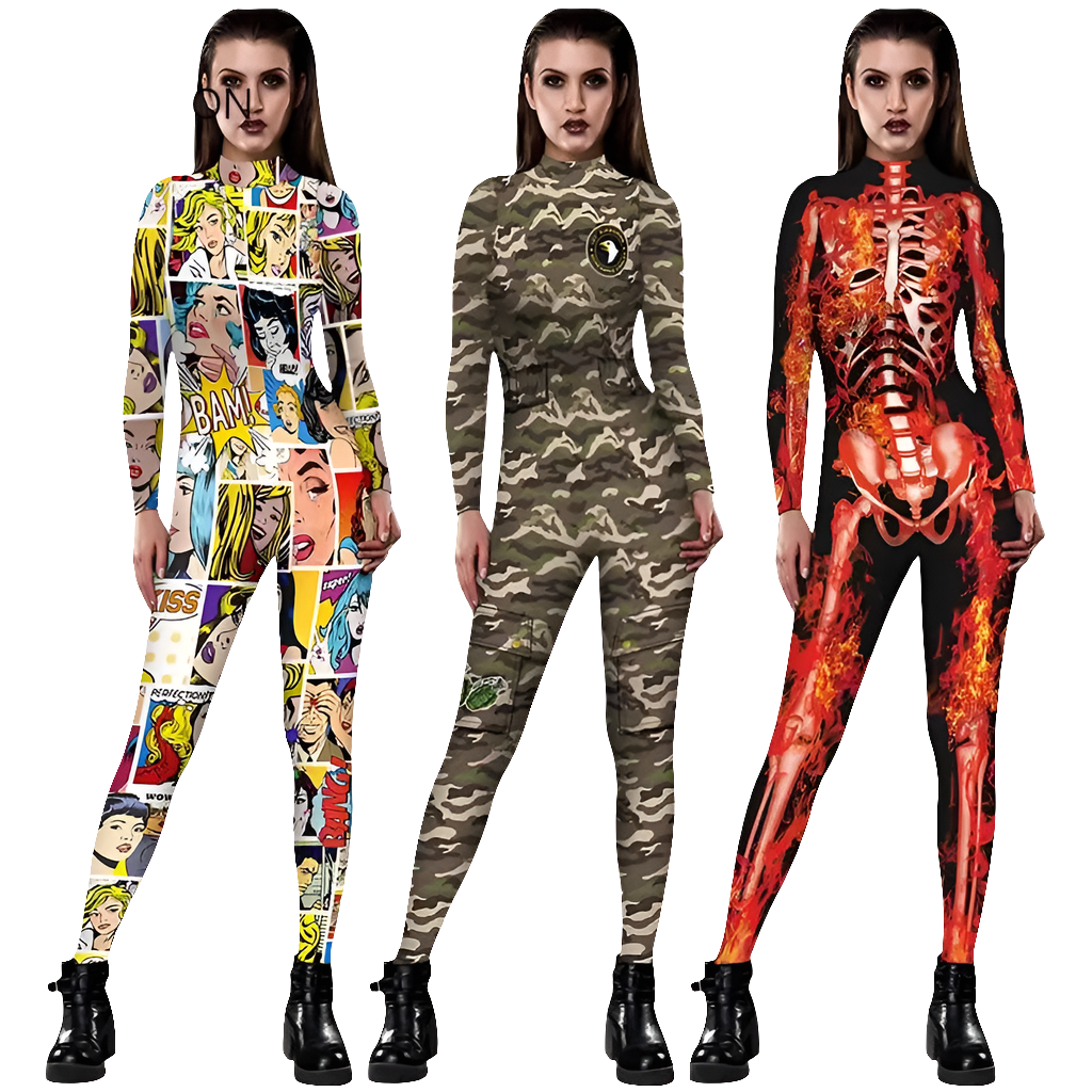 Multi-Colored 3D Graphic Printed Long Sleeve Women's Skin Tight Jumpsuit
