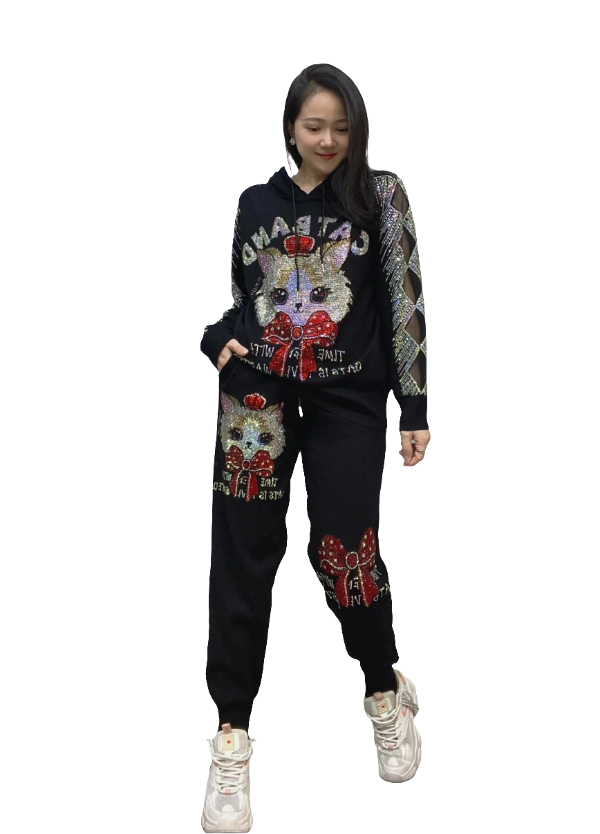 Rhinestone Metallic Kitty Print Long Sleeve Women's Hoodie + Sweatpants Tracksuit