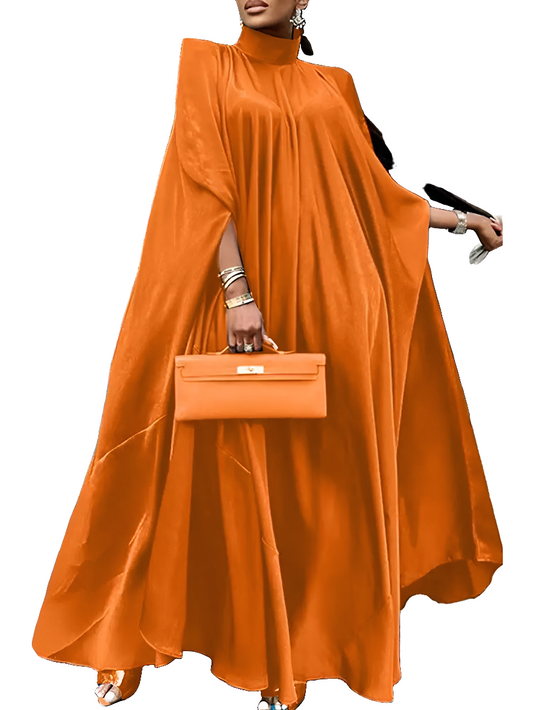 Satin Oversized Solid Pleated Stand Collar Long Batwing Sleeve Formal Maxi Sundress