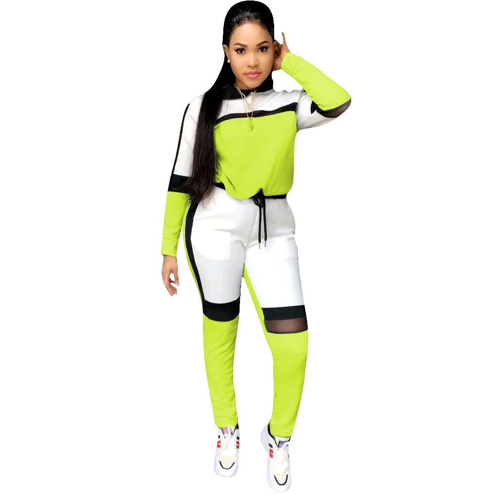 Mesh Colorblock Women's Long Sleeve Hoodie Sweatshirt + Pencil Sweatpant Matching Tracksuit