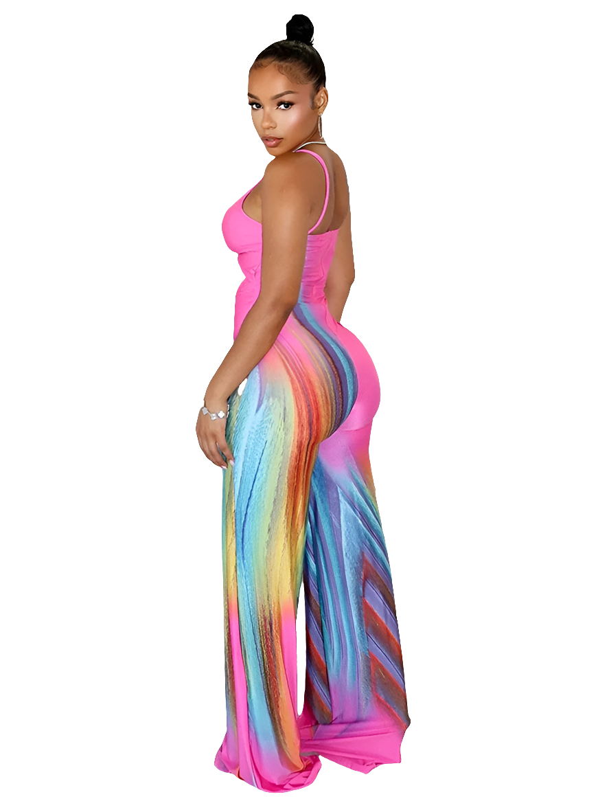 Hot Pink Colorblock Gradient Swirl Print Hollow-Out Sleeveless Jumpsuit