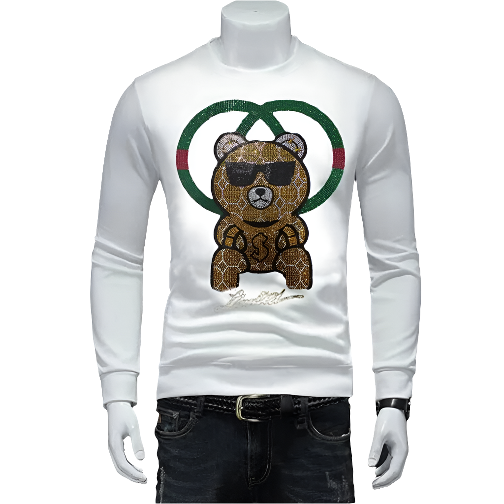 Men's Rhinestone Teddy Bear Ring Design Long Sleeve O-Neck Sweatshirt