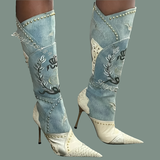 Western Rivet Patchwork Embroidered Spliced Pointed Toe Stiletto Heels Zipper Cowgirl Boots