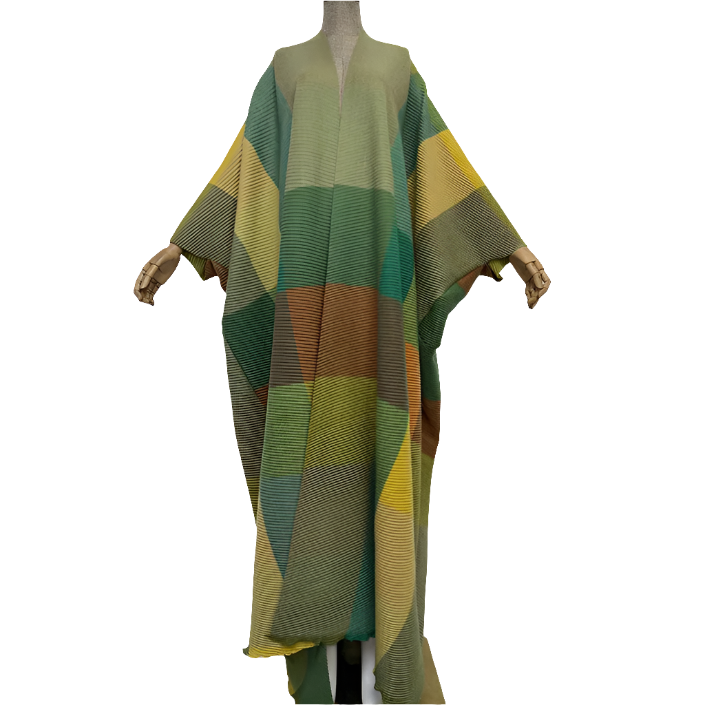 Oversized Plaid/ Colorblock Print Cotton Pleated Kimono Cardigan Kaftan Sweater Dress