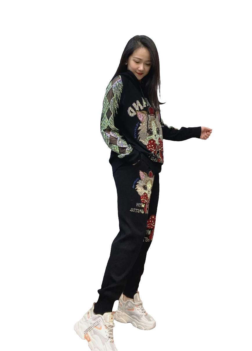 Rhinestone Metallic Kitty Print Long Sleeve Women's Hoodie + Sweatpants Tracksuit