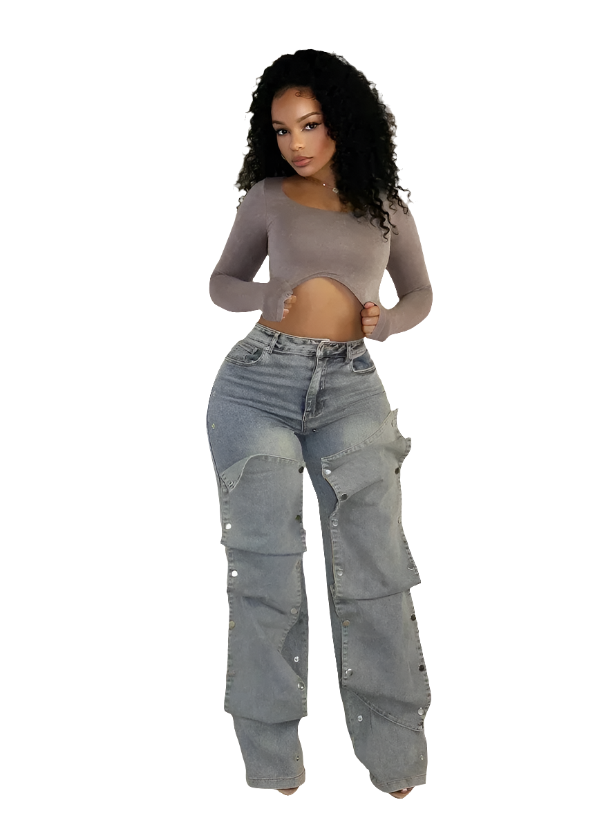 Denim Washed Faded Streetwear Multi-Pocket Button Design Women's Cut-Out Straight Wide Leg Cargo Jeans