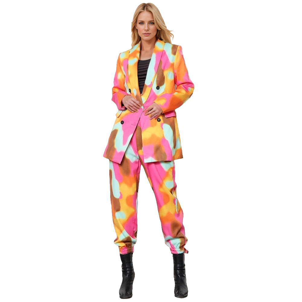 Tie-Dye Notched Collar Double Breasted Long Sleeve Blazer + Harem Pants Women's Suit