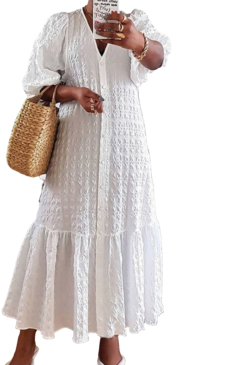 Solid Ruffled Hem Bohemian Button-Up V-Neck Puff 1/2 Sleeve Maxi Shirt Dress to 5X