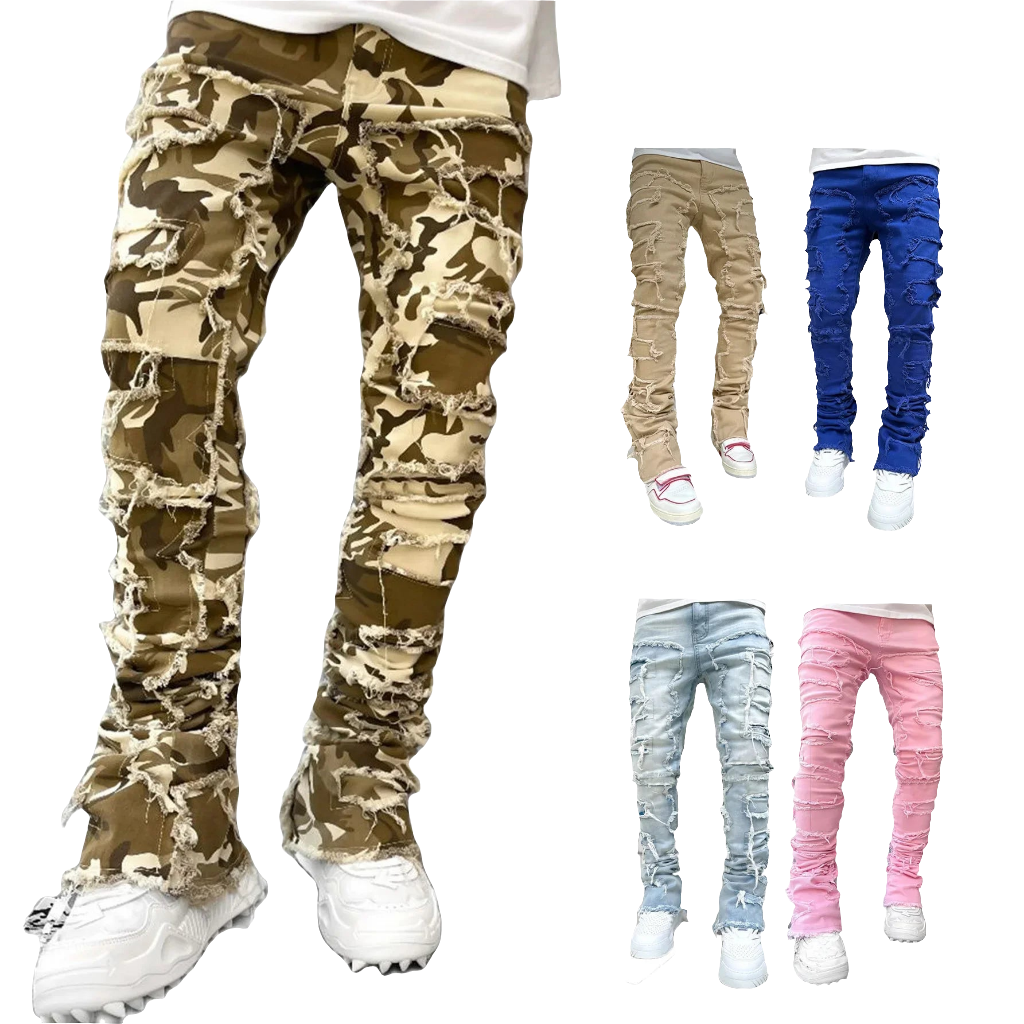 Men's Camouflage/Solid Denim Ripped Stacked Skinny Jeans